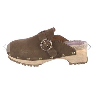 See By Chloé Viviane Suede Clogs with Gold-tone Rivets and Engraved Gold Buckle